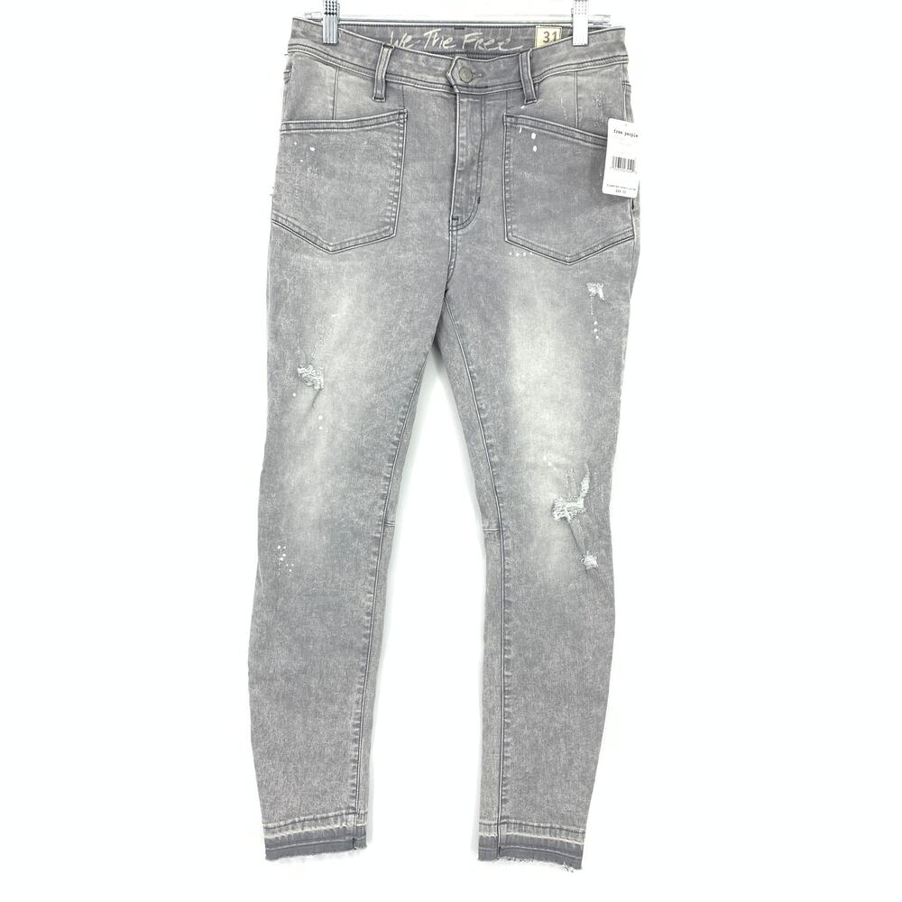 Free People We The Free Midrise Skinny Jeans Sz 31 Cool Gray Paint Splatter NEW
